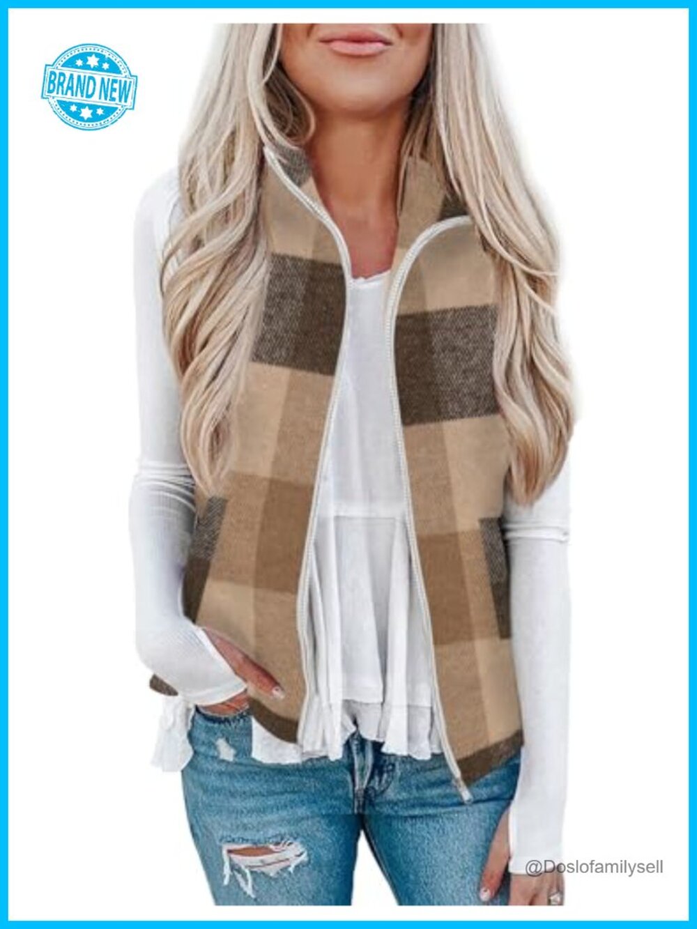 Plaid Zip Up Sleeveless Outerwear Vest with Pockets